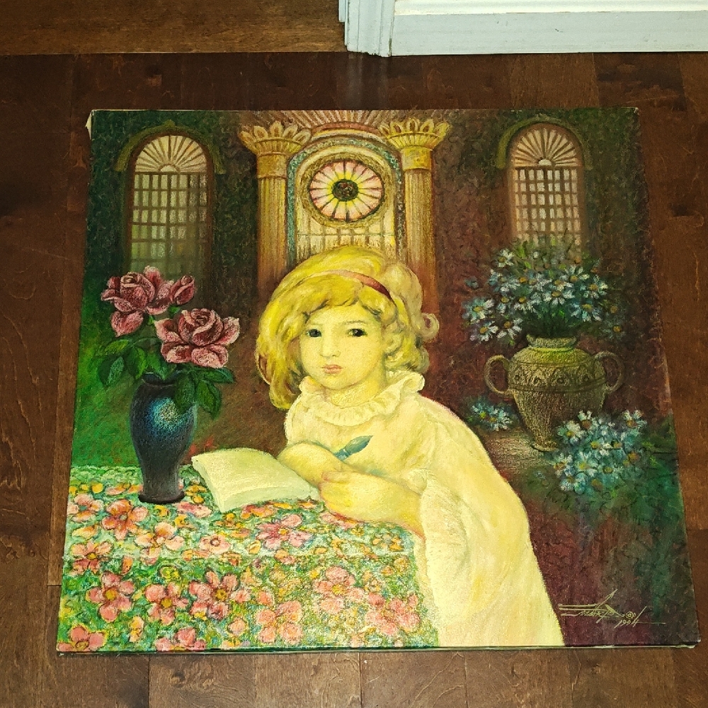 Source Unknown Child Portrait with Floral Accents in Green and Cream
